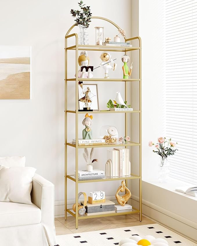 Hzuaneri Bookcase Bookshelf, Tempered Glass Bookshelves, Slim Shelving Unit for Bedroom, Bathroom, Home Office, Steel Frame, 6 Tier Gold BC21699G