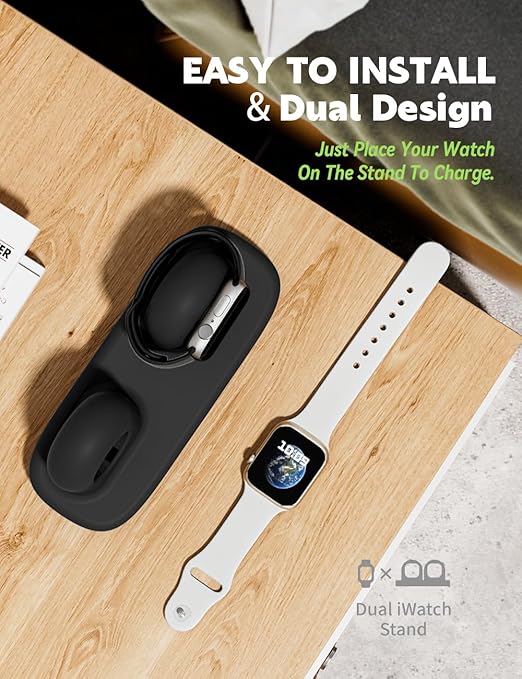 ELETIUO Dual Charger Stand Compatible with Apple Watch Series 49/46/45/44/42/41/40/38mm iWatch Ultra2/Ultra/10/9/8/SE2/7/6/SE/5/4/3/2/1,Silicone Dock Organizer Supports Night Stand Mode,Black