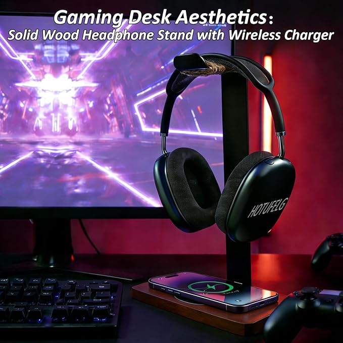 Handmade Solid Wood 2-in-1 Headset Stand with Wireless Charger 15W Max Fast,Wireless Charging Dock Compatible with iPhone 17/16/15/14 /Samsung Series,Universal Holder for All Desk Headphones