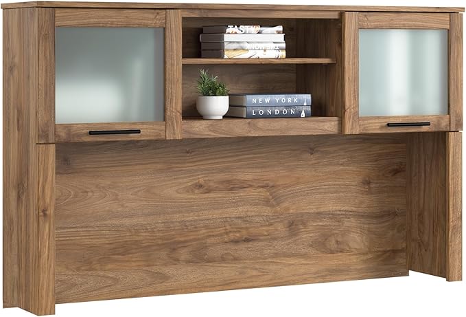 Bush Home 60-Inch Desk Hutch, Office Storage Organizer with Shelves, Cubbies and Frosted Glass Doors for Computer Desk, Home Office Furniture, Somerset Collection, Fresh Walnut