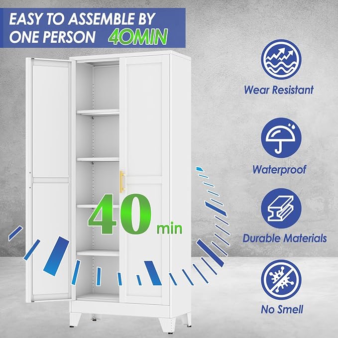 71" Metal Storage Cabinet with Adjustable Leveling Foot,Garage Storage Cabinets with 2 Doors and 4 Adjustable Shelves, Black Steel Cabinet for Office,Home,Garage(White)