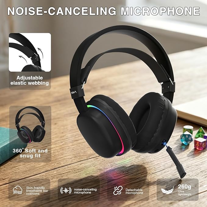 AULA G7 Wireless Gaming Headset with Detachable Noise Canceling Mic, 40mm Driver, BT5.3 Gaming Headphones with RGB Light, 10ms Latency, 60Hr Battery, PC Gaming Headset for PS5,PS4, Switch,Xbox,PC