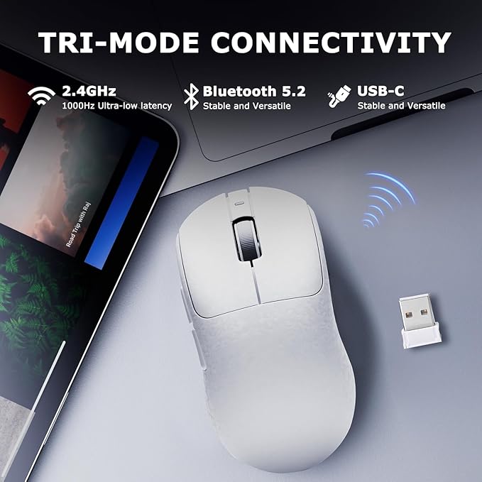 AJ199 Hybrid Wireless Gaming Mouse | Genuine Carbon Fiber Grip Shell | Tri-Mode 2.4G/Bluetooth/USB-C | 60g Balanced Lightweight | 24K DPI PAW3311 | 119mm Compact | PC/Mac/Travel | White