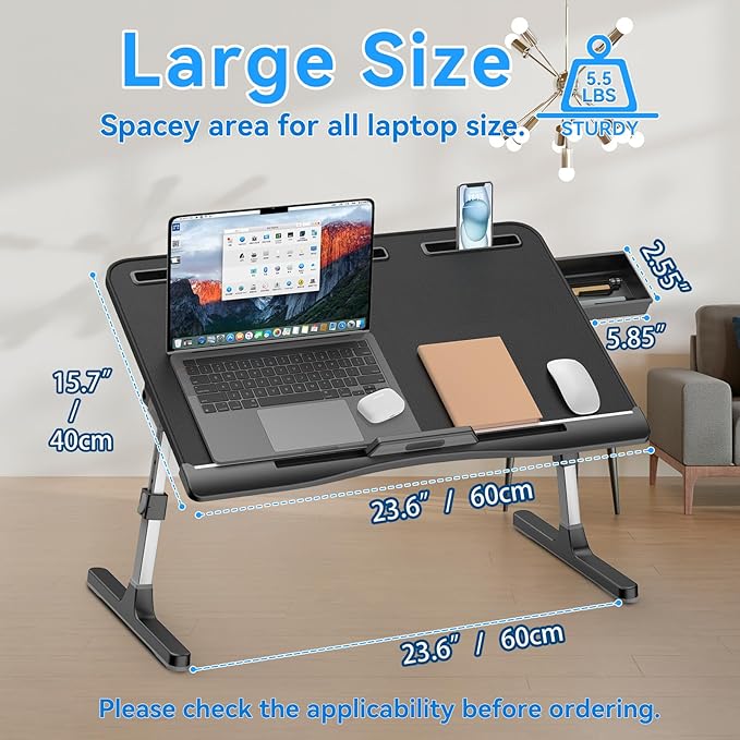 HETTHI Laptop Stand for Bed, Adjustable Leather Bed Desk with Foldable Legs, X-Large Laptop Bed Table Tray with Drawer for Bed Couch Floor Writing Working Reading Eating Painting (Black, 23.6"×15.7")