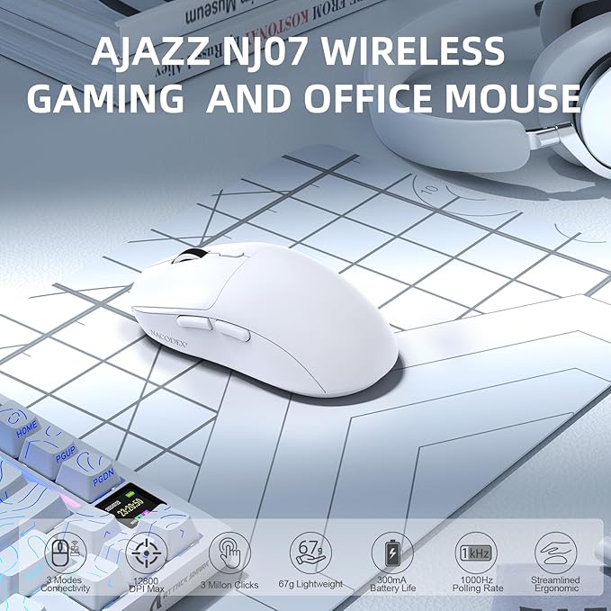A.JAZZ NJ07 Wireless Mouse,67g Ultra-Lightweight,3-Mode 2.4G/Bluetooth/USB-C, 6 Adjustable DPI up to 12800, 1000Hz Optical Sensor, Ergonomic Design Long Battery Life, Compatible with PC & Mac-White