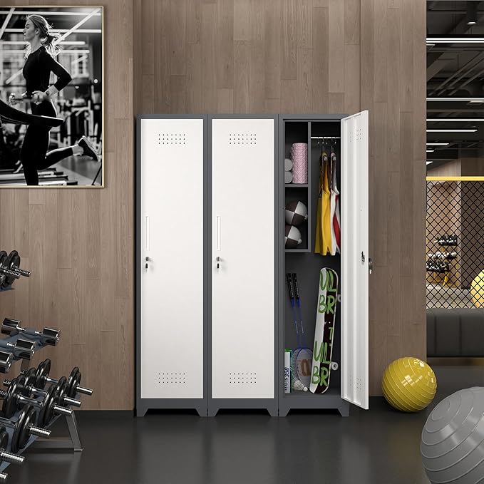 IRONFFICE Metal Storage Cabinet with Lock,65" H Laundry Room Cabinets with Pegboard,Locking Metal Cabinet Heavy Duty for Garage Office,School,Warehouse,Grey-White