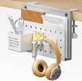 PEGZONE Desk Side Storage Organizer, No Drill Under Desk Laptop Holder, Clamp on Desks Shelf with Pegboard Accessories, Hanging Laptop Mount, Fits Flat Edge 0.4" to 2.2", White