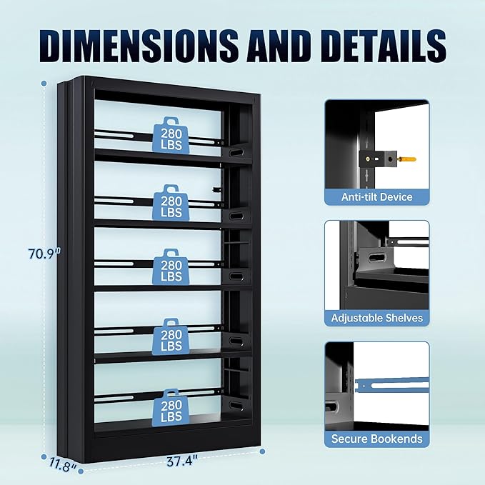 71" Metal Bookshelf,5 Tier Black Bookshelf with Adjustable Shelves,Heavy Duty Bookshelves and Bookcases,Tall Bookcase for Living Room,Library,Office,Including Book Stopper (Black, 37.4" Wide)