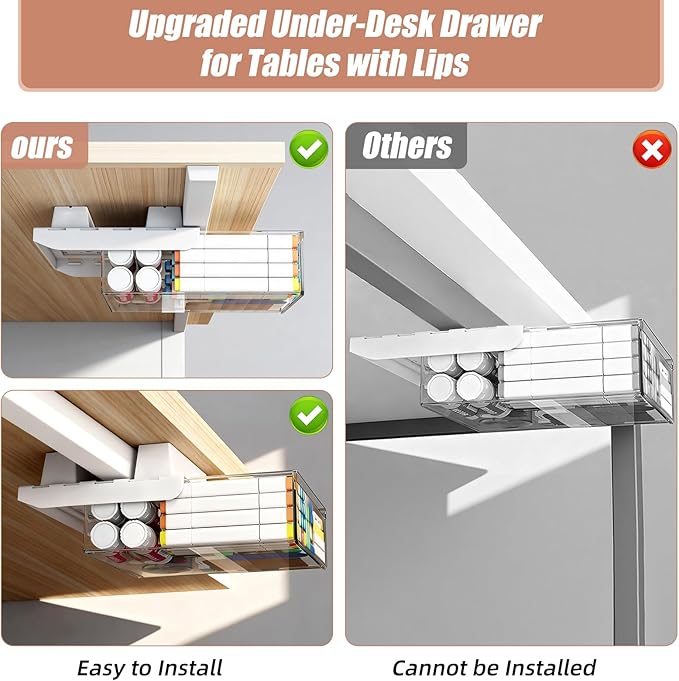 TooCust 3-Pack Under Desk Drawer for Desk with Frame & Beam, Fits Where Standard Drawers Can't, 52mm Heightened Slide Out Organizer, Dual Adhesive or Screw Mount, Clear PET Under Table Storage
