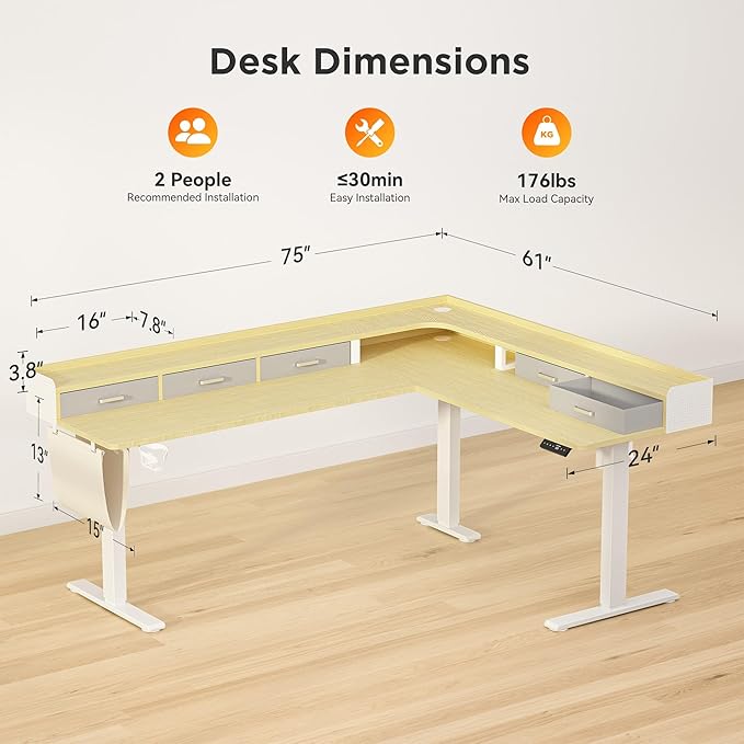WALKINGDESK 75 Inches Height Adjustable L Shaped Standing Desk with 5 Drawers and Monitor Shelf, Electric Sit to Stand Home Office Comupter Table, Ergonomic Corner Gaming Desk, Oak