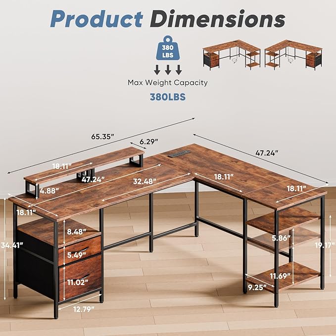 DUMOS 62 Inch L Shaped Gaming Desk with Charging Station & 2 Monitor Stands, Computer Desk with Drawer & Adjustable Storage Shelves, Large Corner Desk for Home Office, Brown