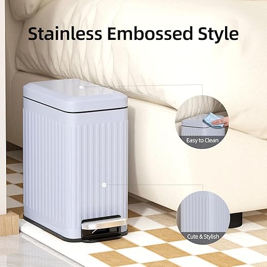 Slim Bathroom Trash Can with Lid Soft Close, 1.6 Gallon Stainless Steel Garbage Can with Removable Inner Bucket, Durable Step Pedal, Small Trash Bins for Toilet, Bedroom, Kitchen, Grey