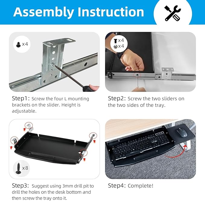 Solid Steel Under Desk Keyboard Tray Slide Out with 360° Rotating Mouse Platform,Keyboard Shelf Sliding,Under Desk Mounted Keyboard Holder,Under Desk Keyboard Drawer 28"Lx11"W