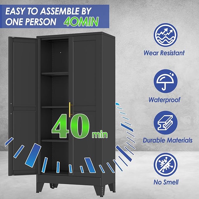 61" Metal Storage Cabinet with Adjustable Leveling Foot,Garage Storage Cabinets with 2 Doors and 3 Adjustable Shelves, Black Steel Cabinet for Office,Home,Garage(Black)