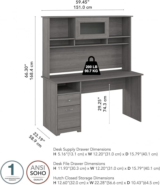 Bush Furniture Cabot 60W Single Pedestal Desk and Hutch, Modern Gray