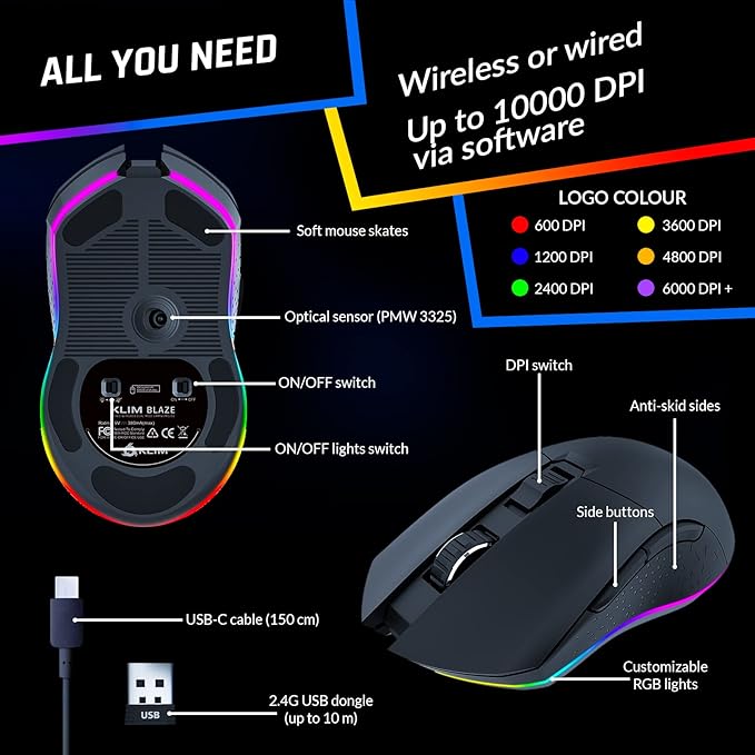 KLIM Blaze Rechargeable Wireless Gaming Mouse RGB Precision Sensor and Long-Lasting Battery - 7 Customizable Buttons - Up to 6000 DPI - Wired & Wireless Mouse for PC Mac & PS4 PS5 - Black