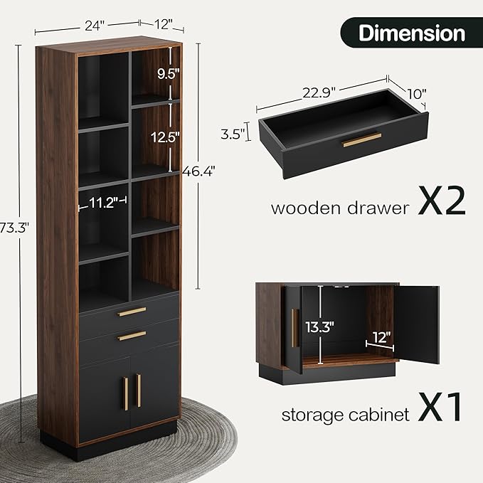 ModernMate Office Furniture Set, 63" L Shaped Standing Desk with File Cabinet, AC/USB, Office Desk Set with 73" Book Shelf, Home Office Furniture Sets, Black Walnut