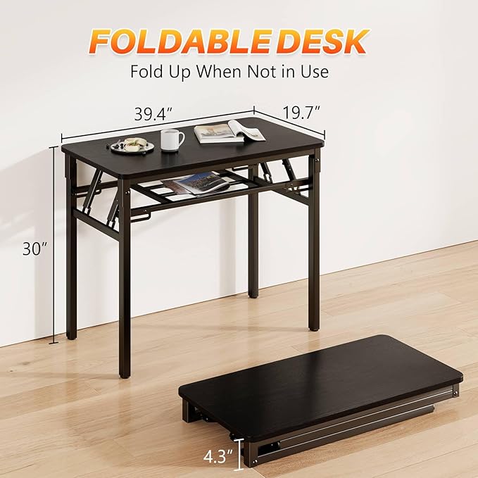 BYMECOST 39 inches Folding Computer Desk, No Assembly Long Foldable Office Table, Portable Large Foldable Home Office Desk, No Install Activity Table Conference Table (Black, 39.4")