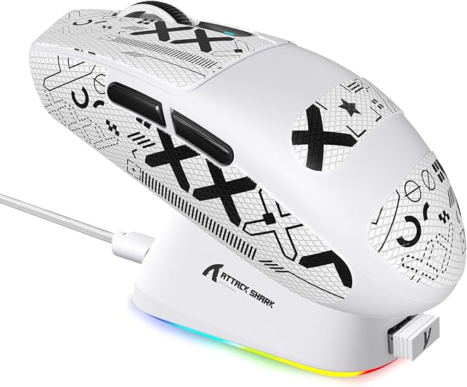 ATTACK SHARK G3PRO Wireless Gaming Mouse with RGB Charging Dock,2.4G/USB-C Wired/BT PAW3311 Optical Sensor 1K Polling Rate Adjustable 25K DPI,500mAh Battery Ultra Lightweight 59g Mice (White&Griptape)