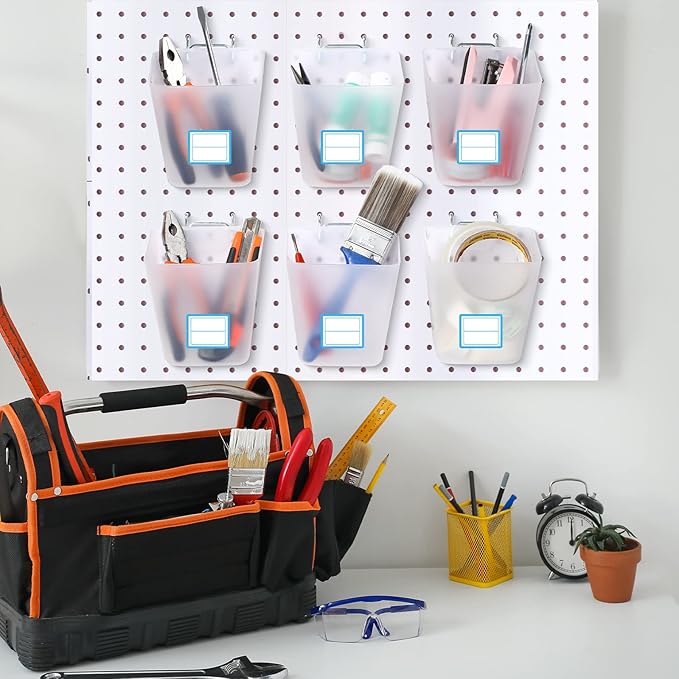 Namalu 12 Pack Pegboard Storage Bins with Labels and Hooks Bulk Peg Board Organizer Accessories Hanging Cup Organizer Pegboard Cup Holder(Transparent)