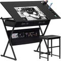 VECELO Drafting Table Art Desk Art Table Adjustable Drawing Table Tilted Tabletop with 2 Storage Drawers and Stool, Drawing Desk for Artist Painters Drawing, Crafting, Reading, Writing, Black
