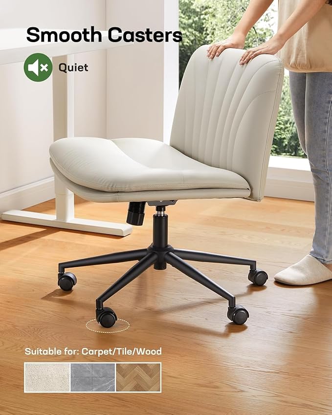 Marsail Armless-Office Desk Chair with Wheels: PU Leather Cross Legged Wide Chair,Comfortable Adjustable Swivel Task Chairs for Home,Office,Make Up,Small Space,Bed Room(Light Beige)