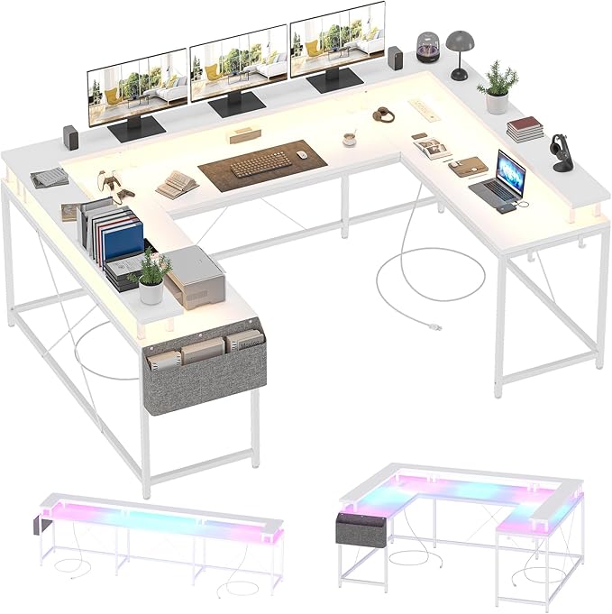Jojoka U-Shaped Computer Desk with Power Outlets & RGB LED Lights - Reversible l-Shaped Office Desk, Full Monitor Stand, Modern Home Office Workstation, 600lbs Capacity 79",Game Desk, Multiple Colors