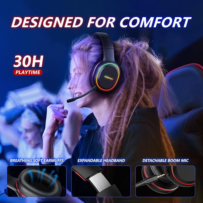 KOFIRE 2.4GHz/Wireless Gaming Headset, Bluetooth Gaming Headset for Nintendo Switch, PC, PS5, PS4, Vibration Feedback Over Ear Headphones with Noise Cancelling Mic, LED Light - Black