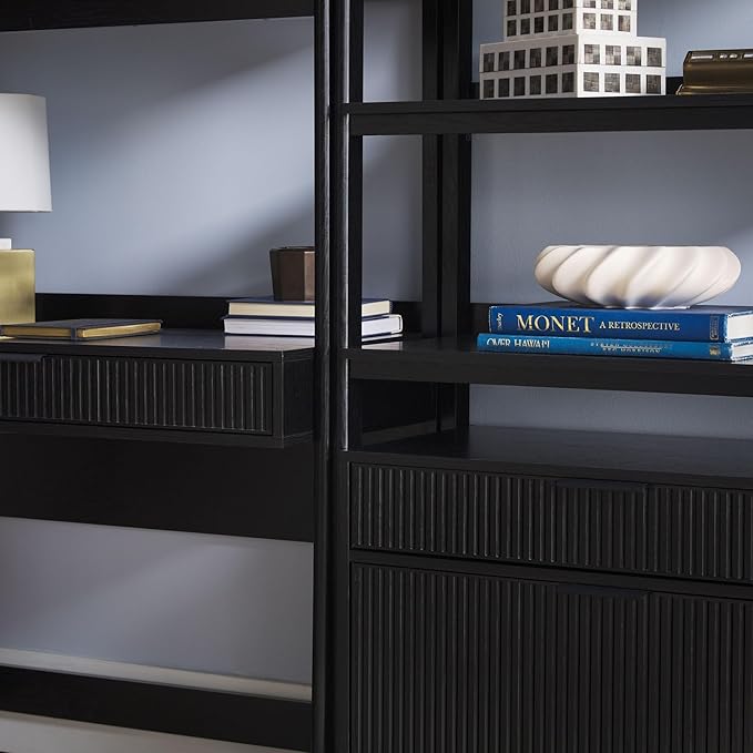 Walker Edison Transitional 2-Piece Hutch Desk with Wide Bookcase, Reeded Drawer Fronts, Built-in outlets and USB Ports, Set of 2, Black