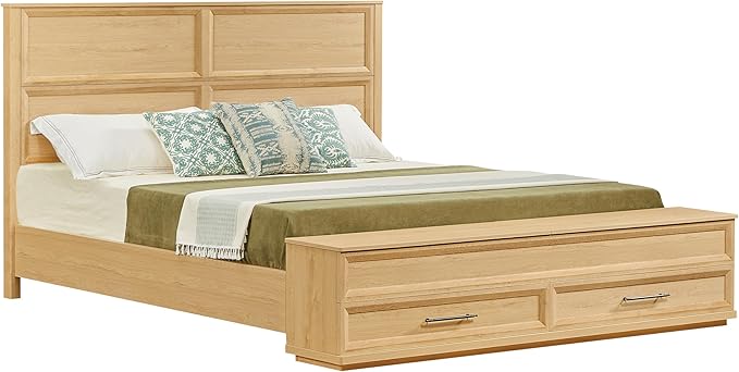 King Size Bed with 3D Geometric Headboard & Storage Bench - 4-Drawer Storage, Modern Bedroom Furniture,Oak. The 3D geometric grid pattern on the headboard exudes modern charm, blending refinement wi