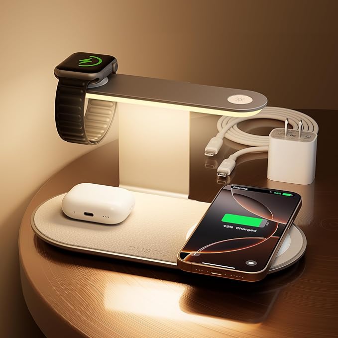 GUSGU 3 in 1 Charging Station with Three-Level Night Light, 15W Max Fast Charging, Wireless Charger for iPhone 15/14/13/12, iWatch S1-8/Ultra, AirPods(30W USB-C Charger Included), White