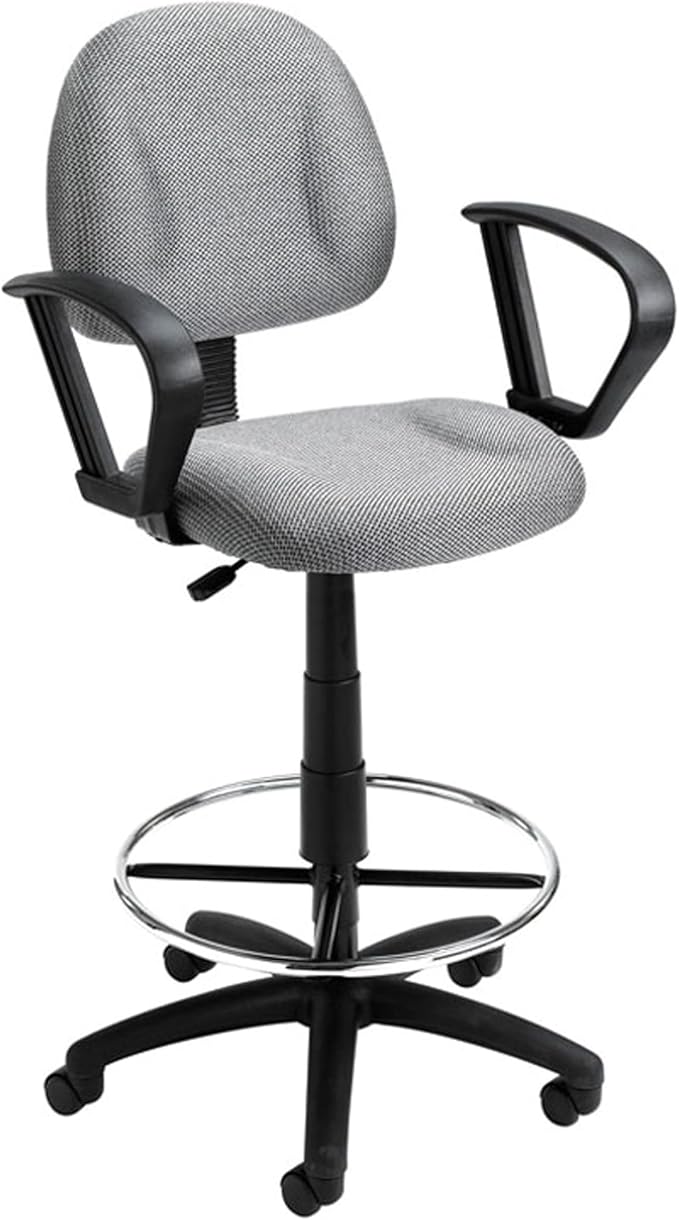 Benzara Jea Drafting Stool Chair, Loop Arms, Gray Tweed, Round Footring