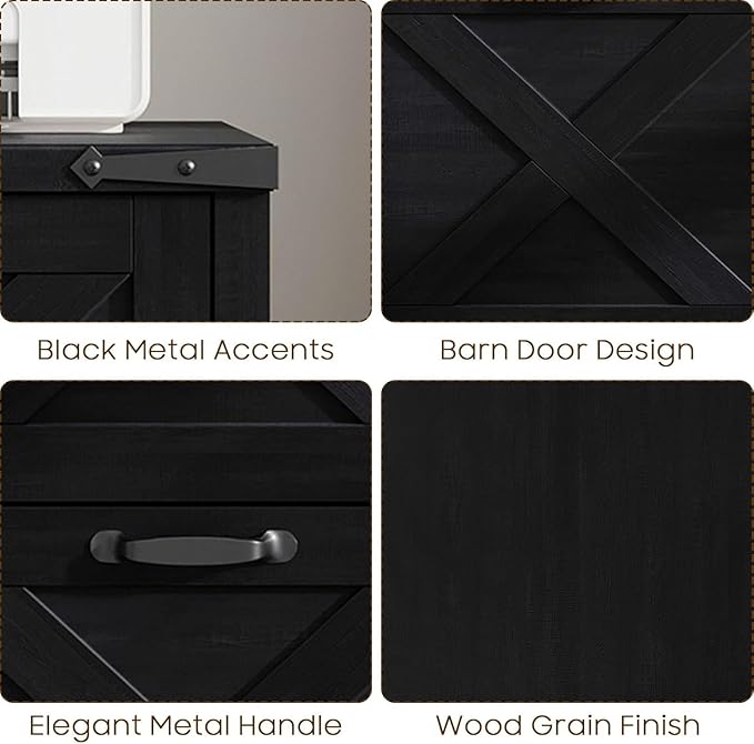 Vabches Vertical File Cabinet with 2 Drawers, Wooden Farmhouse Filing Cabinet for Letter/A4 Size Hanging Files, Under Desk Printer Stand with Storage for Home Office, Black