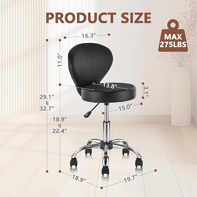 KLASIKA Pu Leather Round Rolling Swivel Salon Stool Chair, with Adjustable Height and Back Support for Office Massage Facial Spa Medical Drafting Tattoo Beauty Barber Black 1PK