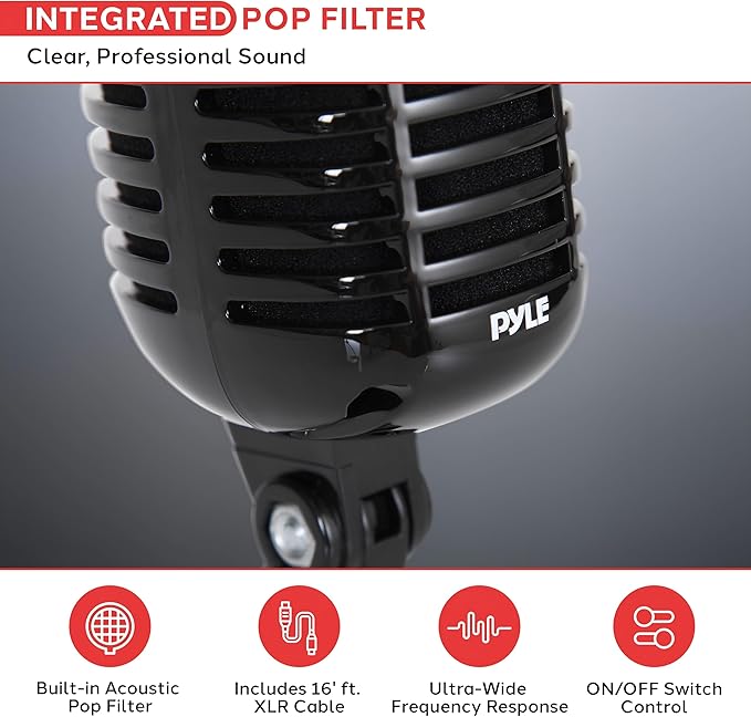 Pyle Classic Retro Dynamic Vocal Microphone - Old Vintage Style Unidirectional Cardioid Mic with XLR Cable - Universal Stand Compatible - Live Performance, In Studio Recording, Black