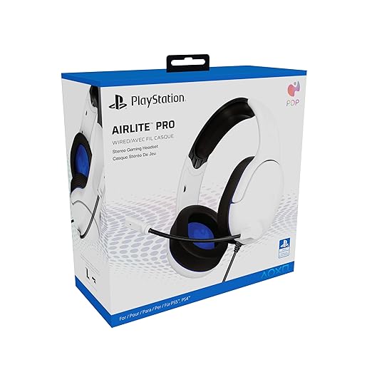 PDP AIRLITE Pro Wired Headset, Licensed Sony PlayStation 5, PlayStation 4, PS5/PS4/PS3/PC, Lightweight Durable Headphones, 3.5mm Audio Jack, Noise-canceling Flip-to-Mute Boom Mic, Frost White