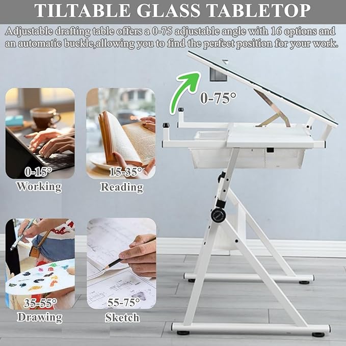 Glass Drafting Table and Stool Sets, Adjustable Height Drawing Table Art Craft Artist Desk Tilting Glass Tabletop with 2 Storage Drawers for Home Office (White-Type 2)