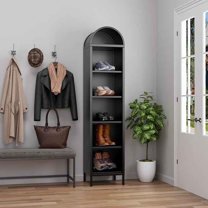 Aobabo Black Narrow Arched Bookshelf, 72.8" H Metal Arch Bookcase with 4 Adjustable Shelves, Open Display Arched Bookcase for Dining Room, Home, Office, Assembly Required