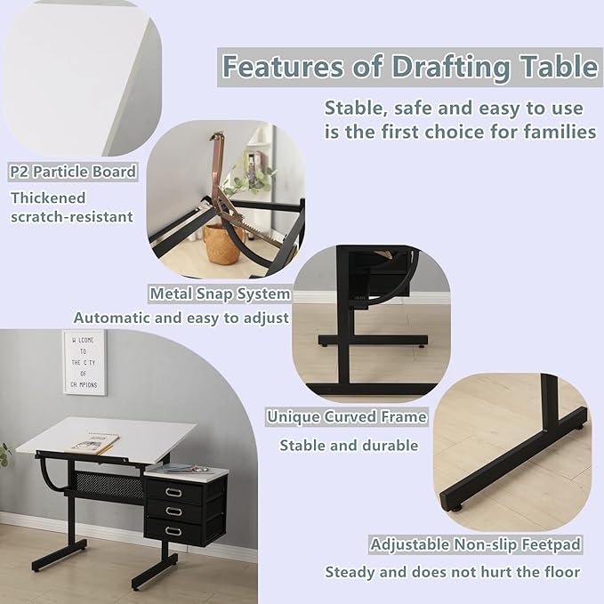 Drafting Table, Adjustable Drawing Desk with Stool, Art Table with Storage Drawers for Artists/Architect/Art Hobbyist, Design for Sketch Painting Artistic Craft Supplies, Type 5-White