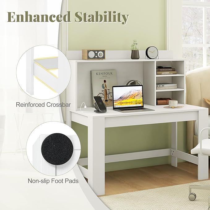 Giantex Computer Desk with Hutch, Modern Home Office Desk with Power Outlets, Storage Shelves & Cable Hole, Makeup Vanity Table, Study Writing Desk for Bedroom Office Small Space, White