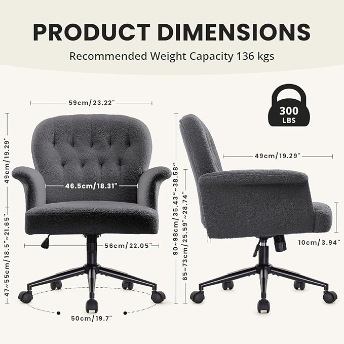 IWMH Home Office Desk Chair, Teddy Fabric Cozy Desk Chair with Wheels and Arms, Modern Upholstered High Back Wide Seat Vanity Chair for Bedroom Living Room Makeup (Dark Grey)