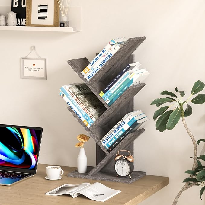 SHEEPAM 5 Tier Tree Book Shelf, Small Desktop Bookshelf with Storage Organizer, Wood Bookcase, Desk Display Bookshelves, Floor Standing Organizer Bookcases for Living Room,Bedroom,Office - Light Grey