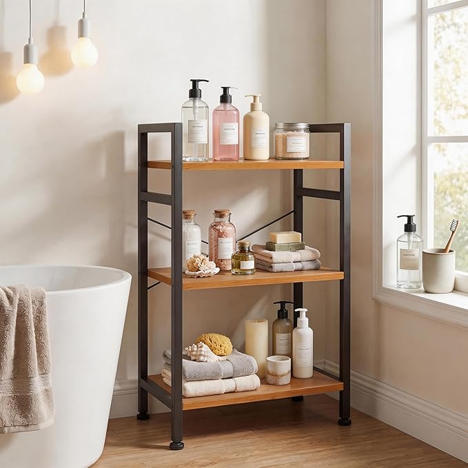 3 Tier Bookshelf, Free Standing Wooden Bookcase with Open Storage Shelves with Metal Frame, Sturdy Shelf Organization Display Rack for Living Room, Bedroom, Home Office, 27.6" Tall, Wood