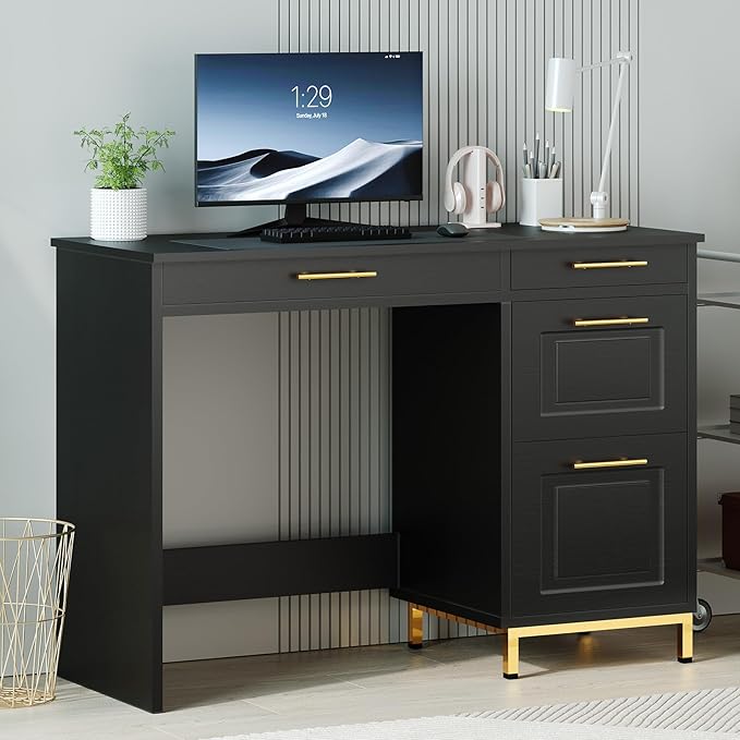 4 EVER WINNER Black Desk with Drawers, 43 Inch Writing Desk with Storage File Cabinet and Golden Handle, Home Office Desk for Bedroom, Black