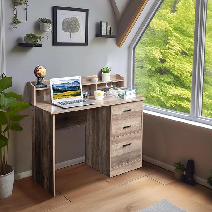 Karl home Grey Computer Desk with Drawers ＆ Hutch, Modern Home Office Desks with Storage for Kids Students Teens, Small Wood Table for Work Study Gaming Writing, PC Laptop Workstation