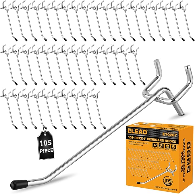 ELEAD 105-Piece 4 Inch Pegboard Hooks, Heavy Duty Peg Board Organizer Accessories, Peg Board Tool Hangers Fit for 1/4" and 1/8" Pegboard Hanging Tools Garage, Workshop, and Craft Storage