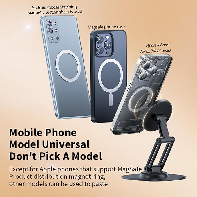 Magnetic Phone Stand for Desk 360 Rotating Adjustable Foldable Aluminum for MagSafe Cell Phone Stand Holder with Non-Slip Base Desk Stand for iPhone 17 16 Pro Max/15/14/13/12 Plus Air (Black)