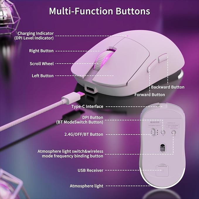 ATTACK SHARK×Magic-Refiner G6 Wireless Gaming Mouse Tri-Modes Connection 2.4G/BT/USB-C 24000 DPI 1000Hz Polling Rate with Anti-Slip Grips,750mAh Battery Gaming Mice for Laptop/PC/Mac Gamer White