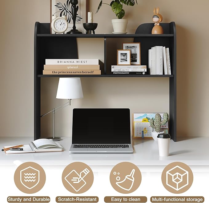 Wooden Desktop Bookshelf,37”3-Tier Rounded-Edge Desk,Storage Organizer,Space-Saving Countertop Shelf for Office Dorm Home,Black