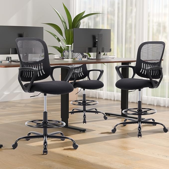 DUMOS Drafting Chair - Counter Height Adjustable Tall Office Desk Chair with Fixed Armrests and Comfortable Lumbar Support for Standing Desk, Deep Black